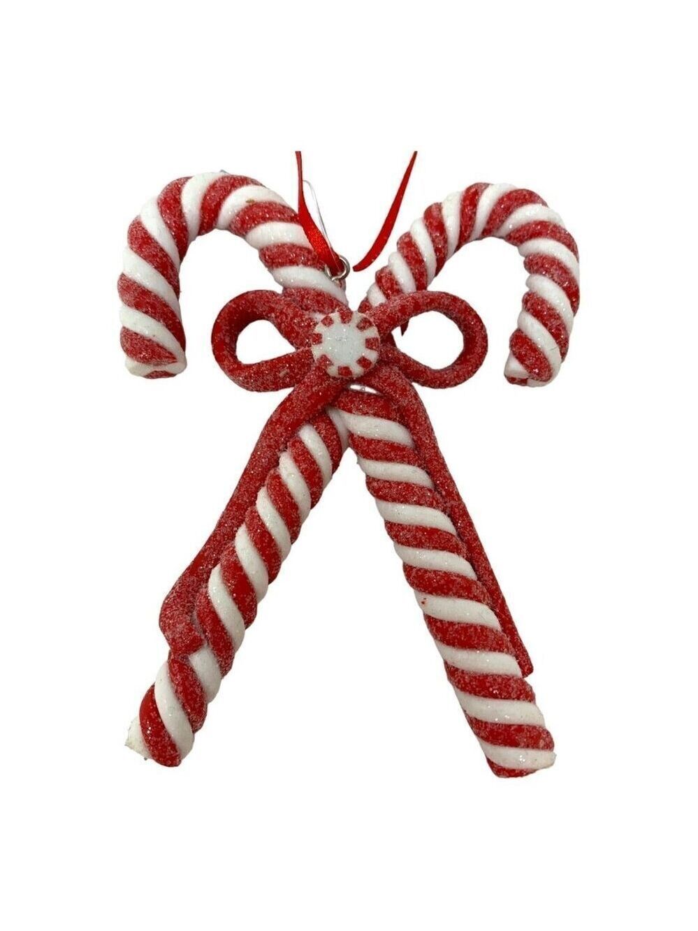 Peppermint Candy Cane Ornament 4" Crisscross Glitter Holiday Candyland Decor Red